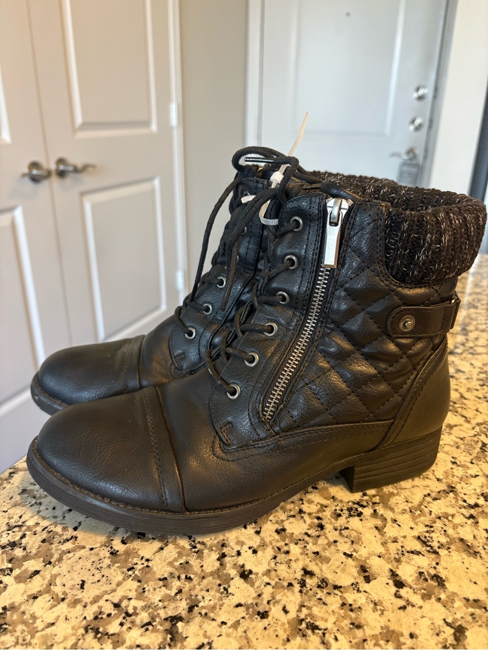 Quilted Lace-Up Ankle Boots with Knit Cuff - Black